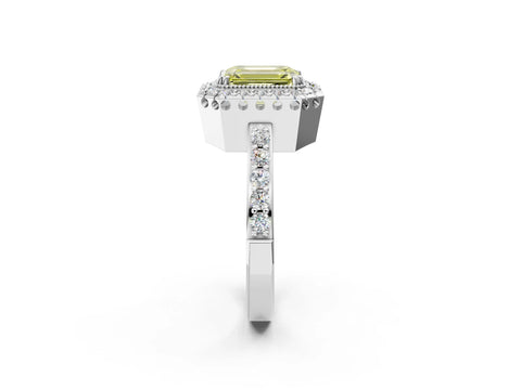 White gold Fancy Yellow Emerald Cut Diamond Halo Ring with Pavé Band and Prong Setting_14
