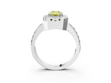 White gold Fancy Yellow Emerald Cut Diamond Halo Ring with Pavé Band and Prong Setting_15