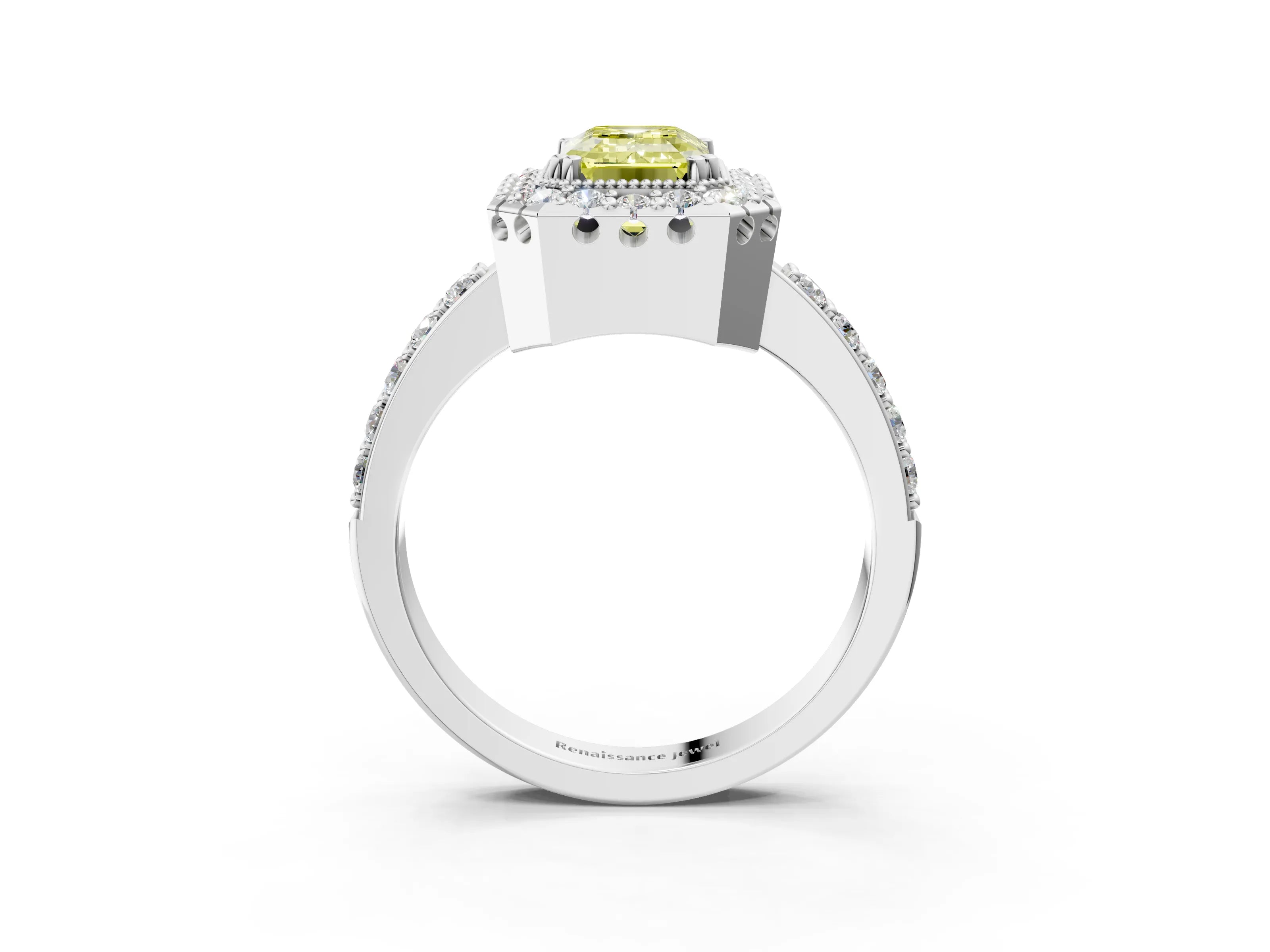 White gold Fancy Yellow Emerald Cut Diamond Halo Ring with Pavé Band and Prong Setting_15