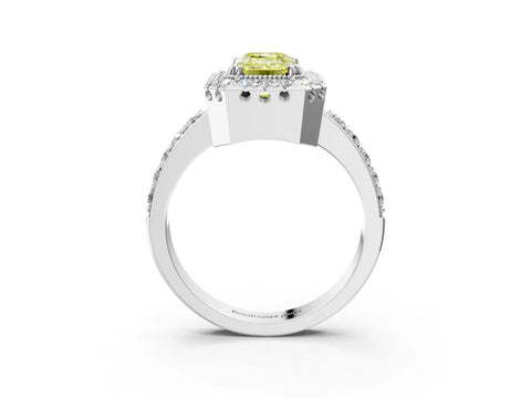 White gold Fancy Yellow Emerald Cut Diamond Halo Ring with Pavé Band and Prong Setting_15