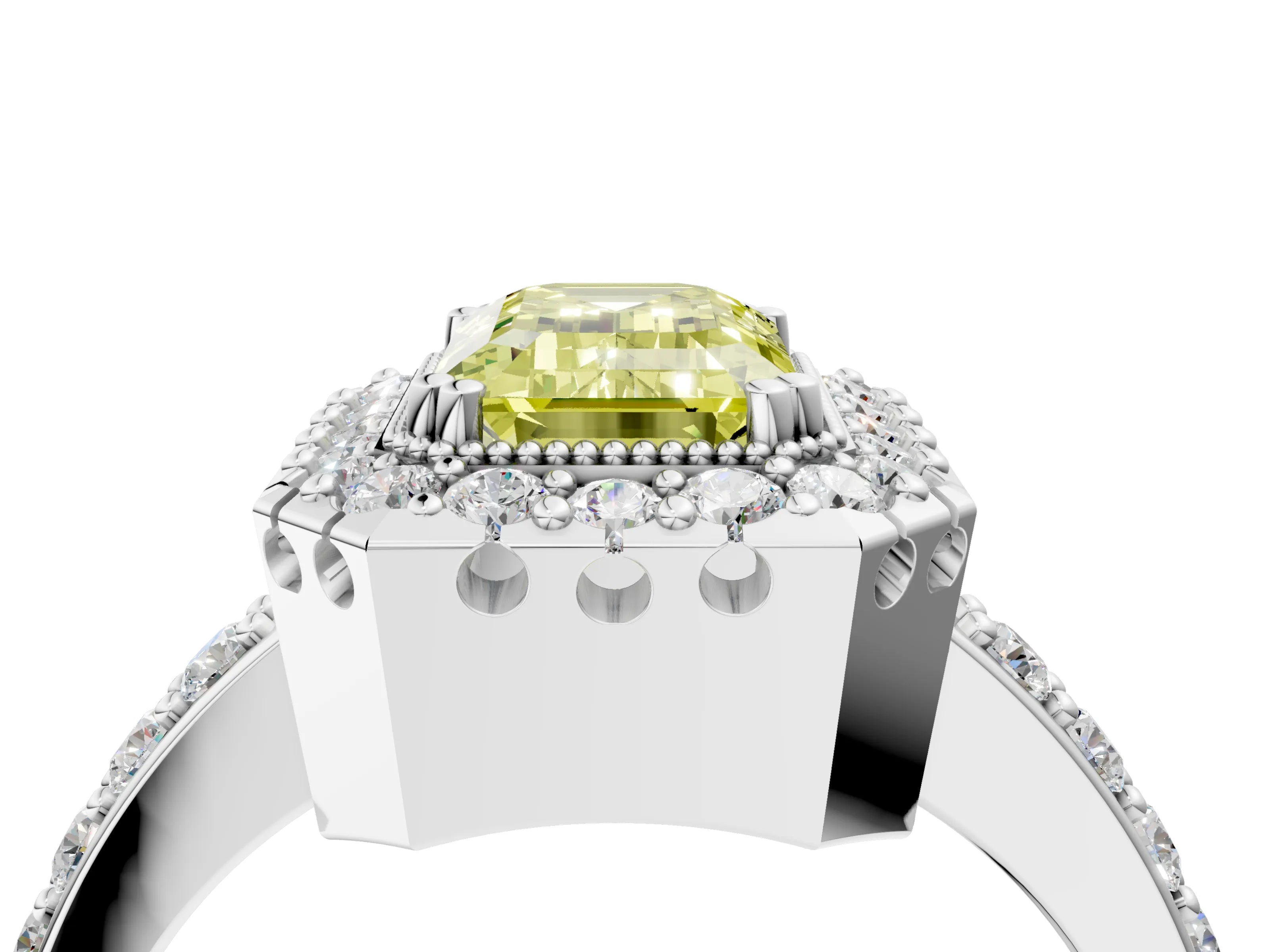 White gold Fancy Yellow Emerald Cut Diamond Halo Ring with Pavé Band and Prong Setting_16