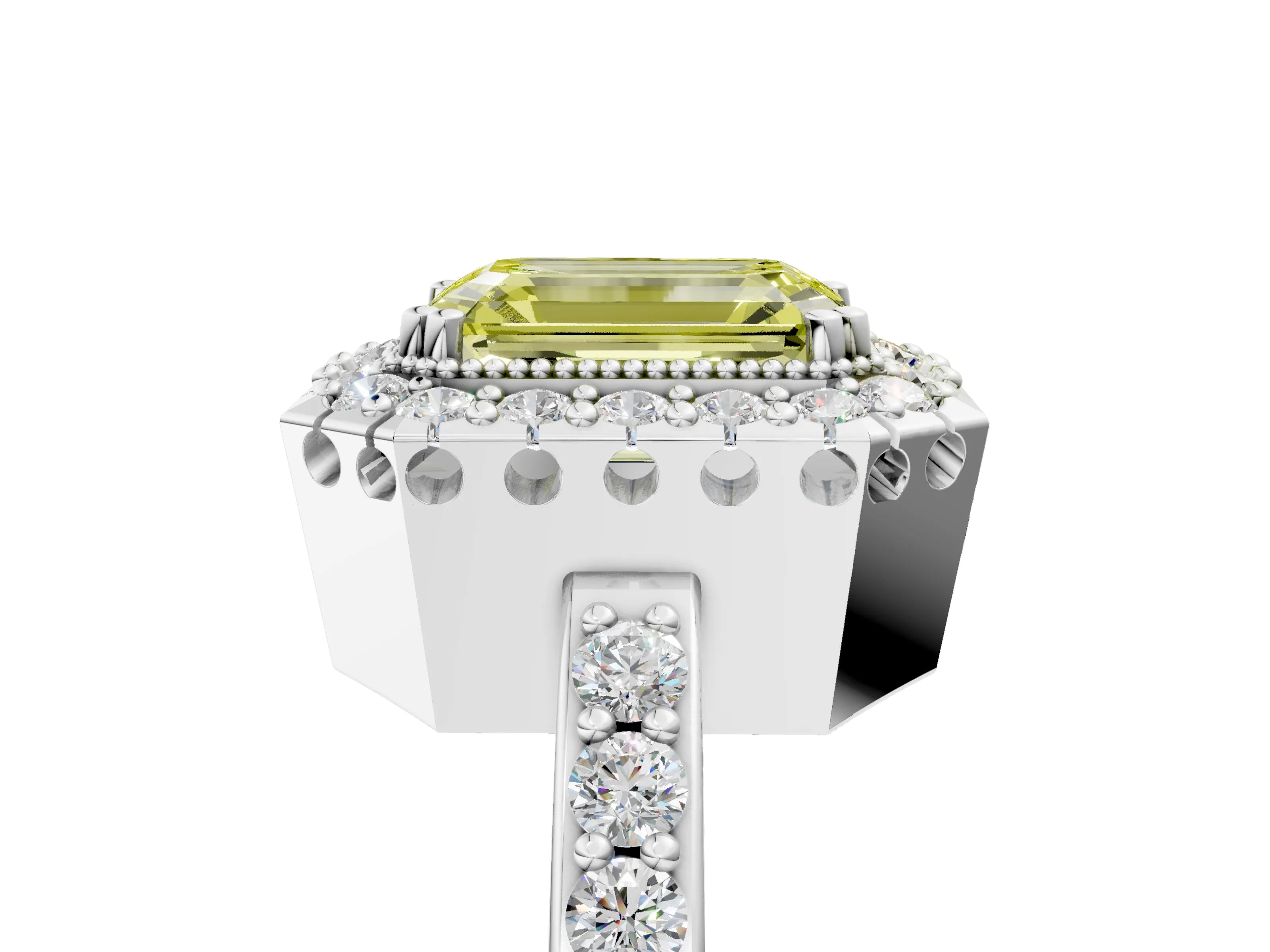 White gold Fancy Yellow Emerald Cut Diamond Halo Ring with Pavé Band and Prong Setting_17