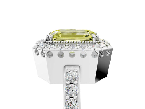White gold Fancy Yellow Emerald Cut Diamond Halo Ring with Pavé Band and Prong Setting_17