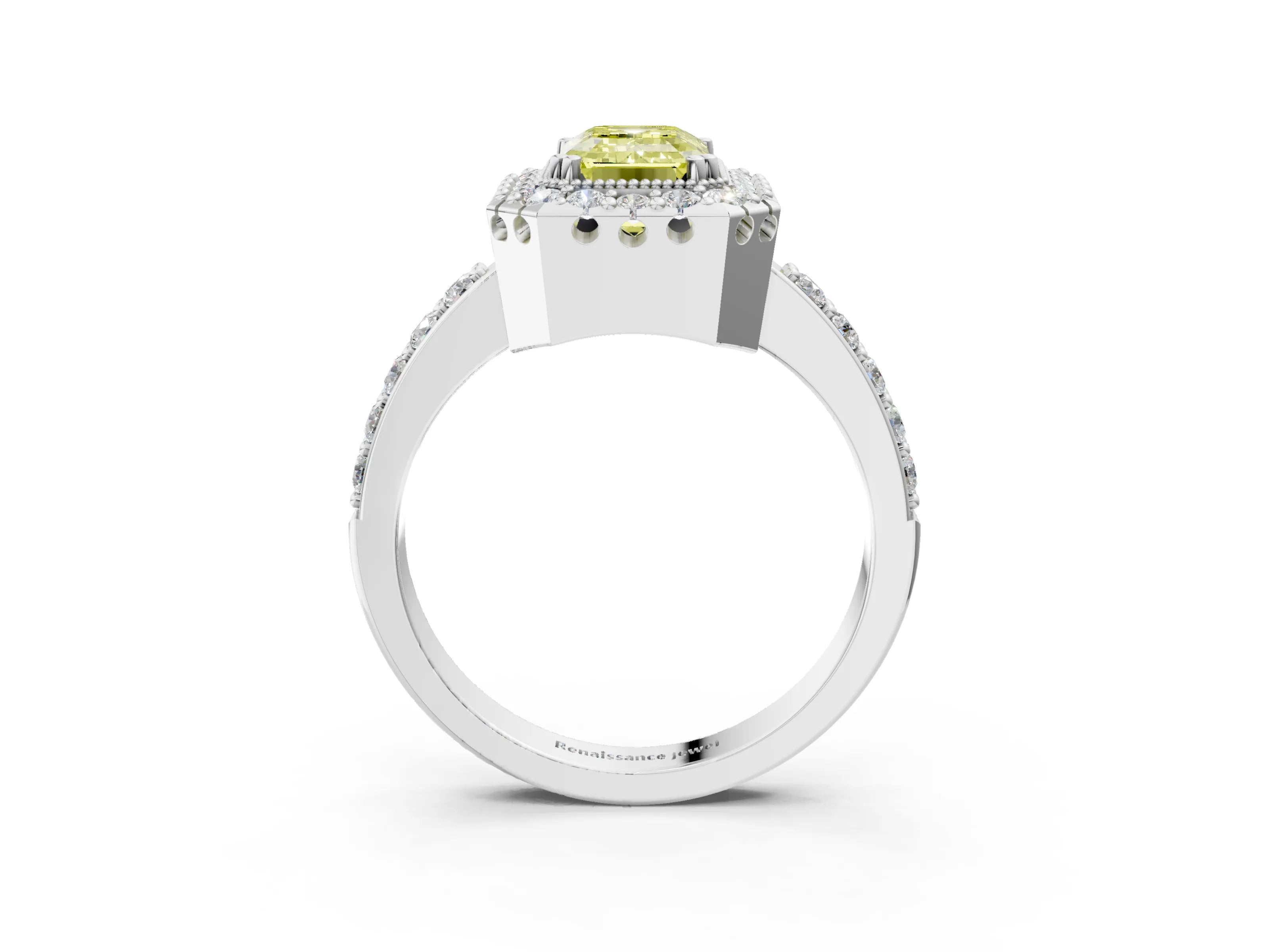 White gold Fancy Yellow Emerald Cut Diamond Halo Ring with Pavé Band and Prong Setting_3
