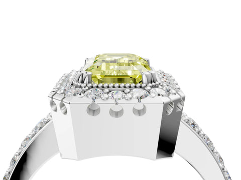 White gold Fancy Yellow Emerald Cut Diamond Halo Ring with Pavé Band and Prong Setting_4