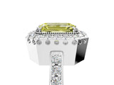 White gold Fancy Yellow Emerald Cut Diamond Halo Ring with Pavé Band and Prong Setting_5