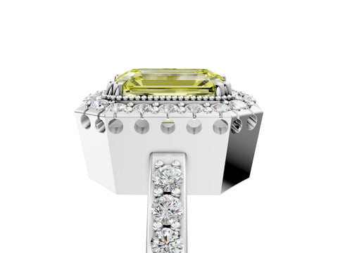 White gold Fancy Yellow Emerald Cut Diamond Halo Ring with Pavé Band and Prong Setting_5