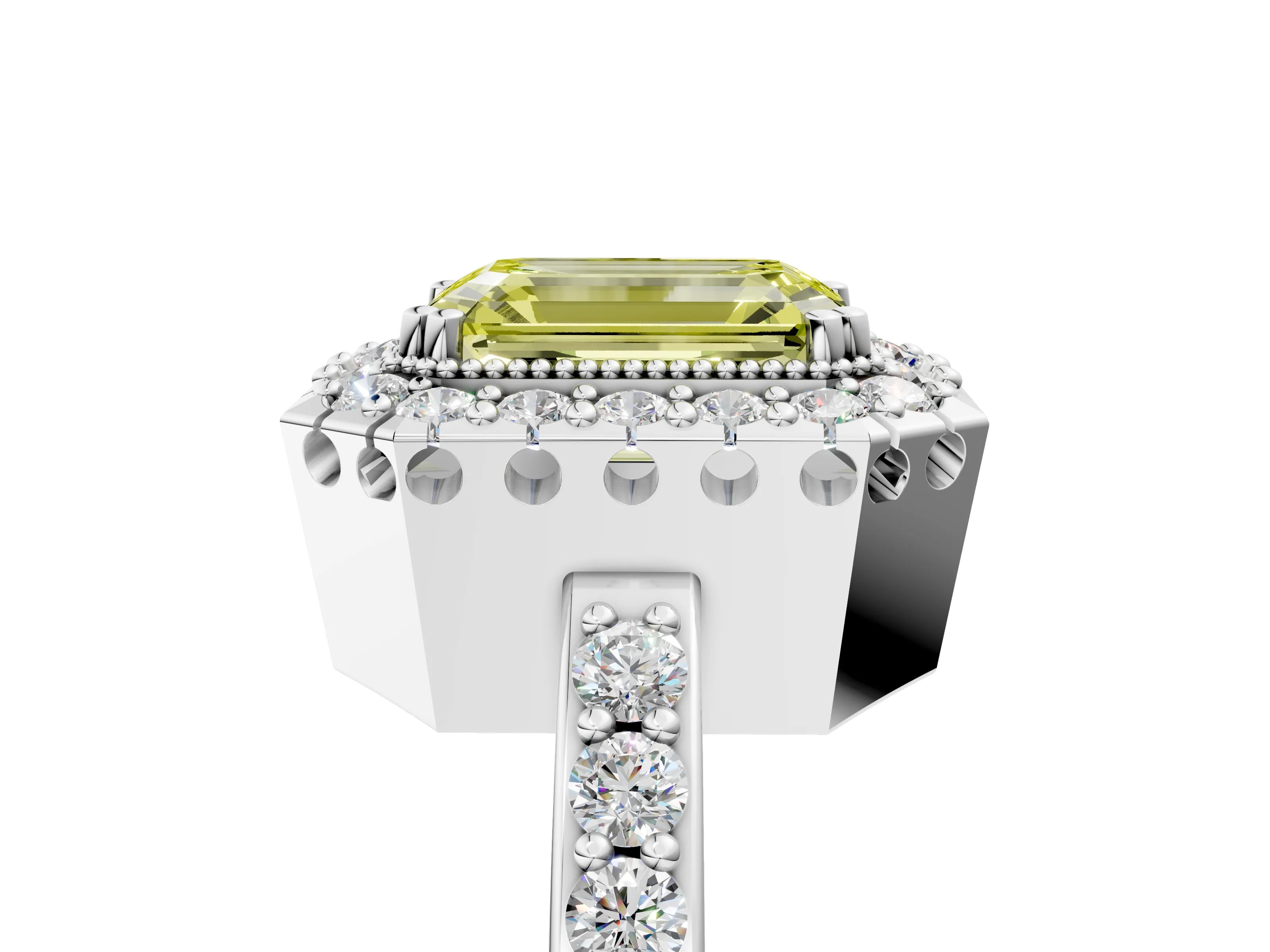White gold Fancy Yellow Emerald Cut Diamond Halo Ring with Pavé Band and Prong Setting_5
