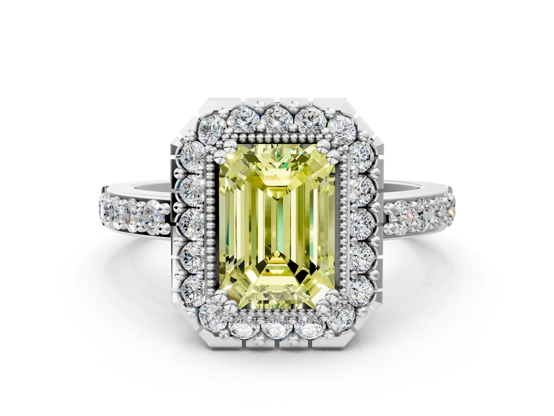 White gold Fancy Yellow Emerald Cut Diamond Halo Ring with Pavé Band and Prong Setting