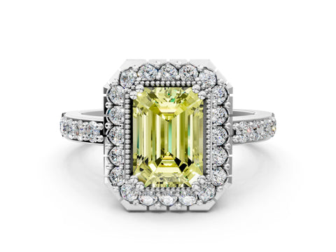 White gold Fancy Yellow Emerald Cut Diamond Halo Ring with Pavé Band and Prong Setting