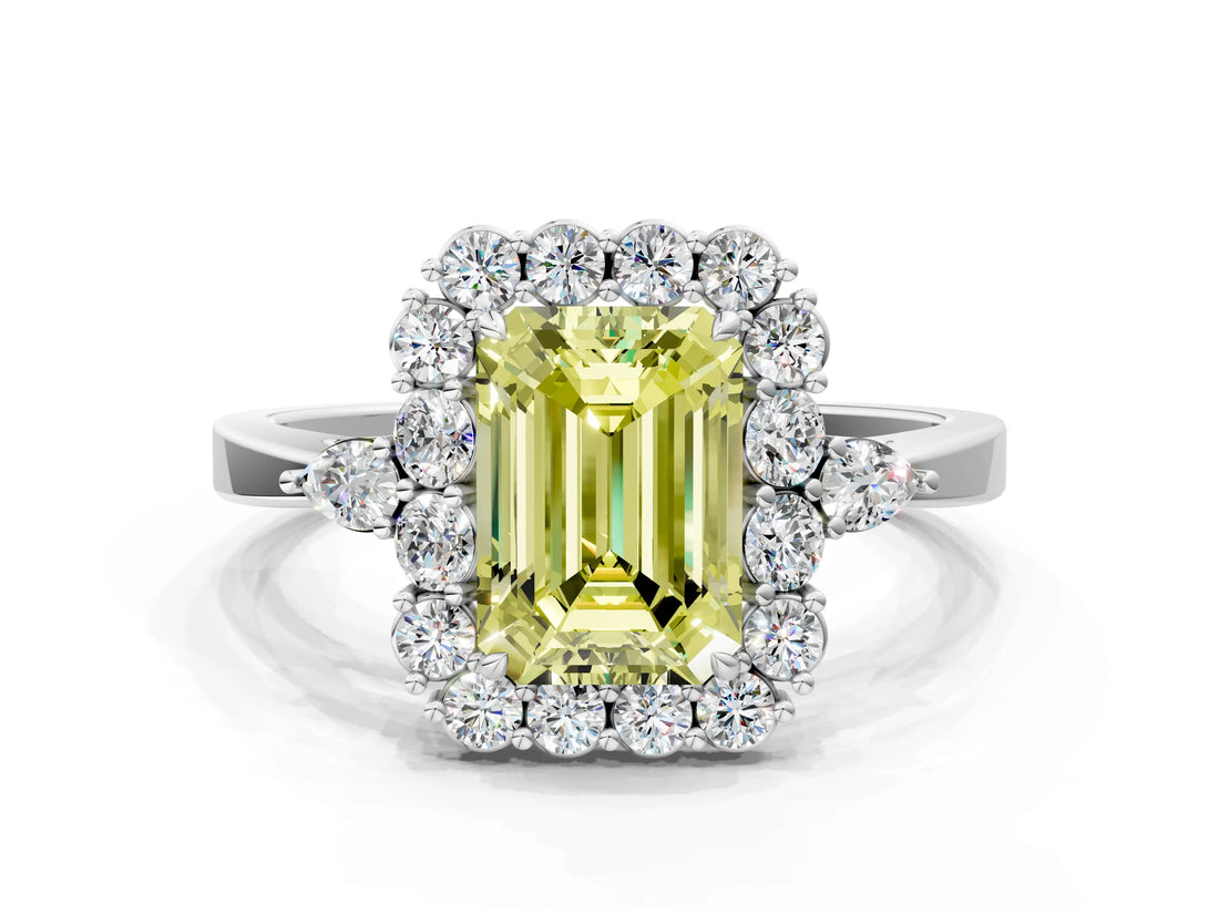 White gold Fancy Yellow Emerald Cut Diamond Halo Ring with Pear Side Stones and Prong Setting_76