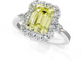 White gold Fancy Yellow Emerald Cut Diamond Halo Ring with Pear Side Stones and Prong Setting_77