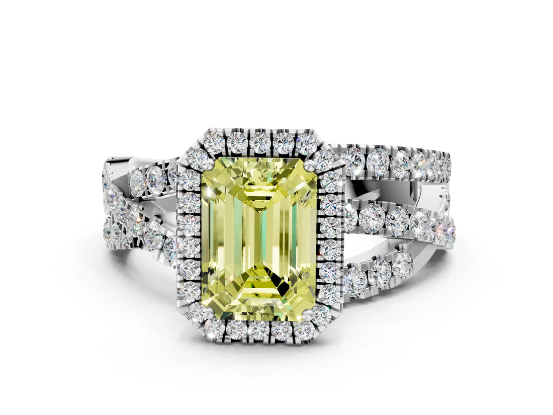 White gold Fancy Yellow Emerald Cut Diamond Halo Ring with Round Split Shank and Prong Setting_60