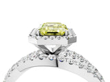 White gold Fancy Yellow Emerald Cut Diamond Halo Ring with Round Split Shank and Prong Setting_64