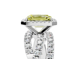 White gold Fancy Yellow Emerald Cut Diamond Halo Ring with Round Split Shank and Prong Setting_65