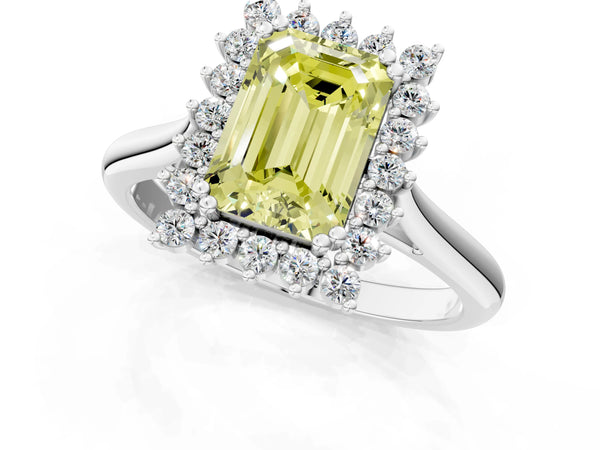 White gold Fancy Yellow Emerald  Cut Diamond Halo Ring with Solitaire Band and Prong Setting