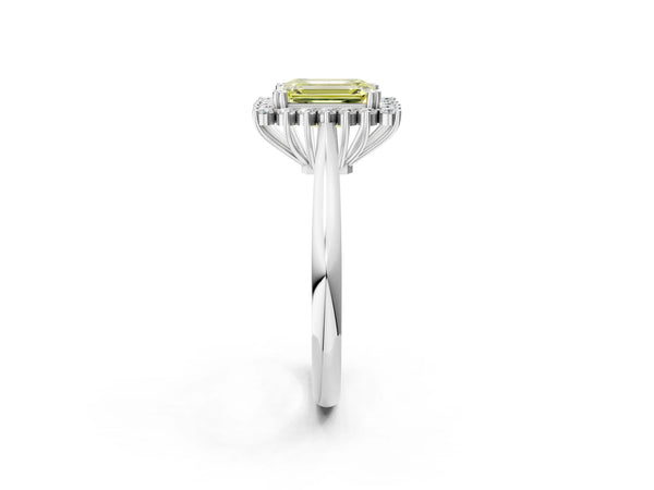 White gold Fancy Yellow Emerald  Cut Diamond Halo Ring with Solitaire Band and Prong Setting