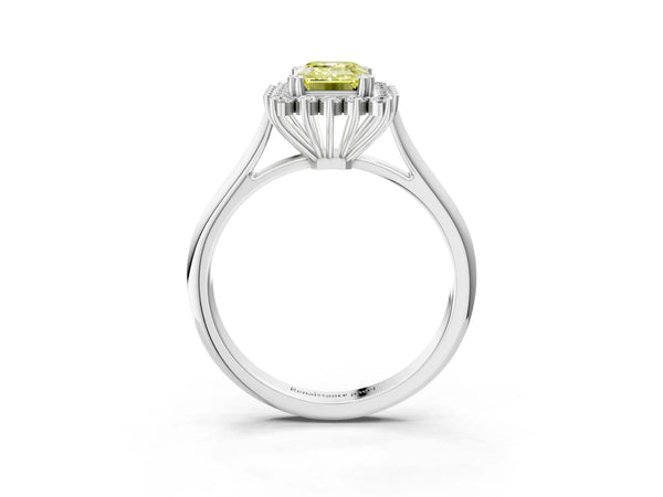 White gold Fancy Yellow Emerald  Cut Diamond Halo Ring with Solitaire Band and Prong Setting