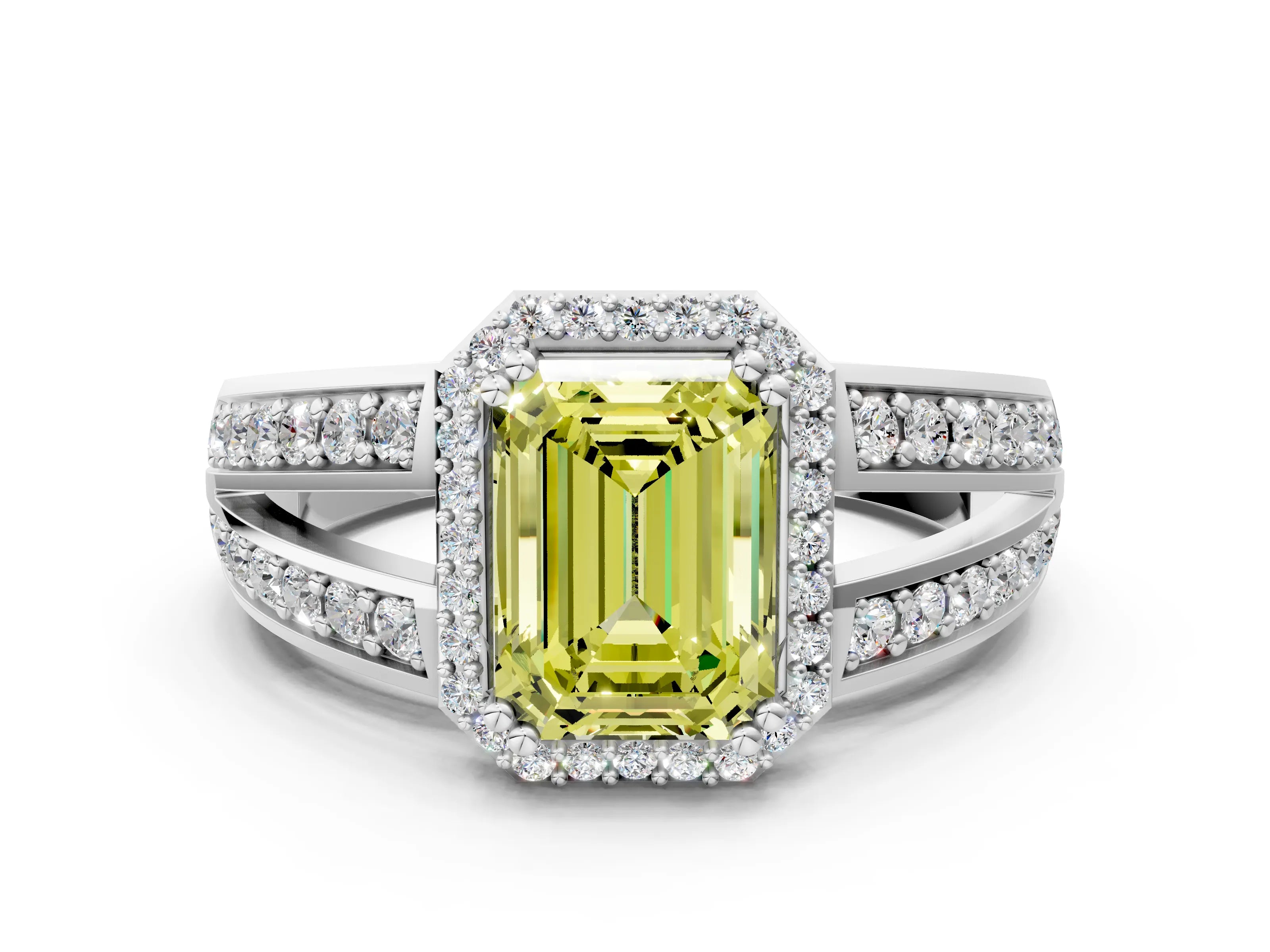 White gold Fancy Yellow Emerald Cut Diamond Halo Ring with Split Shank Pavé Band and Four-Prong Setting_12