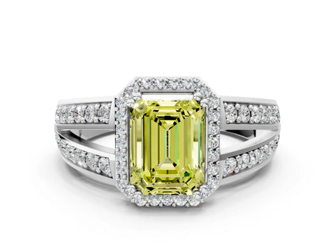 White gold Fancy Yellow Emerald Cut Diamond Halo Ring with Split Shank Pavé Band and Four-Prong Setting_12
