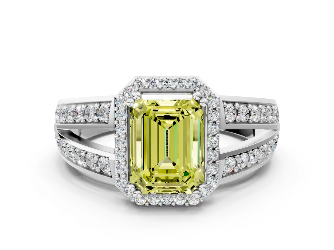 White gold Fancy Yellow Emerald Cut Diamond Halo Ring with Split Shank Pavé Band and Four-Prong Setting_12