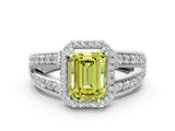 White gold Fancy Yellow Emerald Cut Diamond Halo Ring with Split Shank Pavé Band and Four-Prong Setting_12