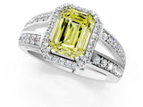White gold Fancy Yellow Emerald Cut Diamond Halo Ring with Split Shank Pavé Band and Four-Prong Setting_13