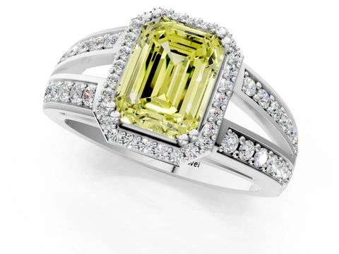 White gold Fancy Yellow Emerald Cut Diamond Halo Ring with Split Shank Pavé Band and Four-Prong Setting_13