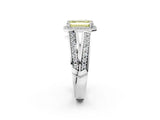 White gold Fancy Yellow Emerald Cut Diamond Halo Ring with Split Shank Pavé Band and Four-Prong Setting_14