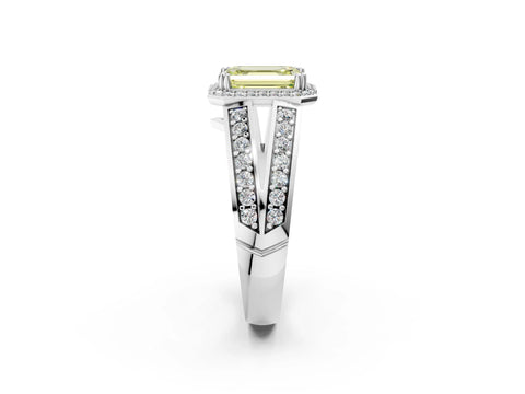 White gold Fancy Yellow Emerald Cut Diamond Halo Ring with Split Shank Pavé Band and Four-Prong Setting_14