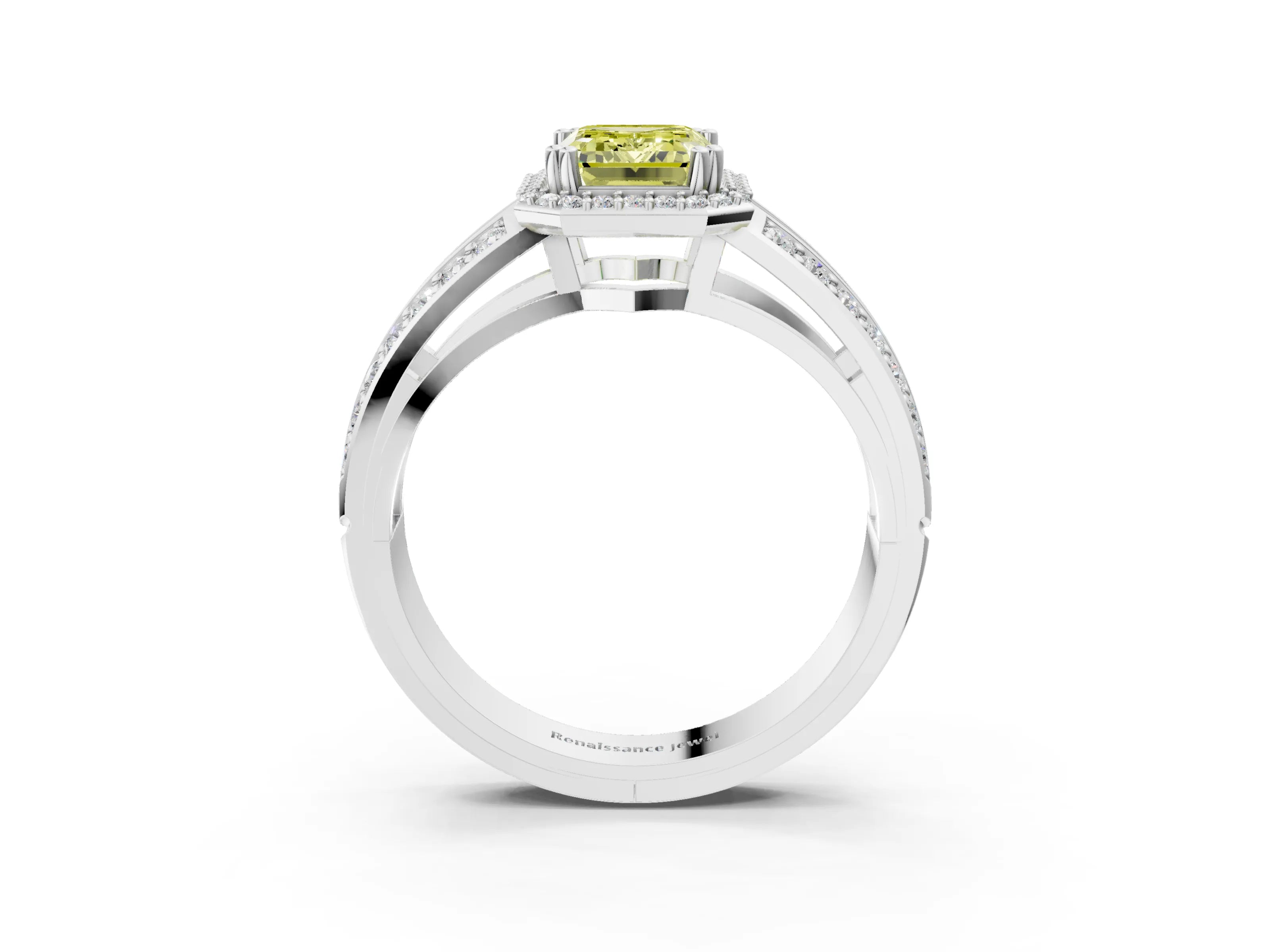White gold Fancy Yellow Emerald Cut Diamond Halo Ring with Split Shank Pavé Band and Four-Prong Setting_15