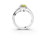 White gold Fancy Yellow Emerald Cut Diamond Halo Ring with Split Shank Pavé Band and Four-Prong Setting_15