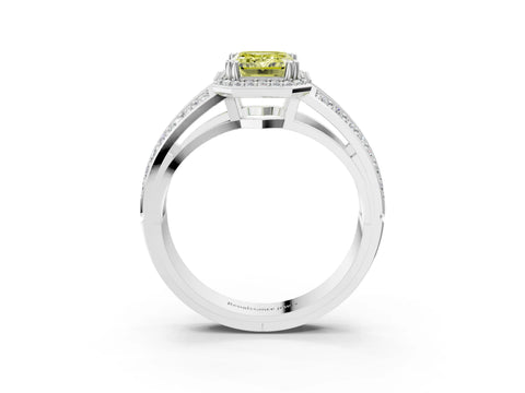 White gold Fancy Yellow Emerald Cut Diamond Halo Ring with Split Shank Pavé Band and Four-Prong Setting_15