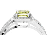 White gold Fancy Yellow Emerald Cut Diamond Halo Ring with Split Shank Pavé Band and Four-Prong Setting_16