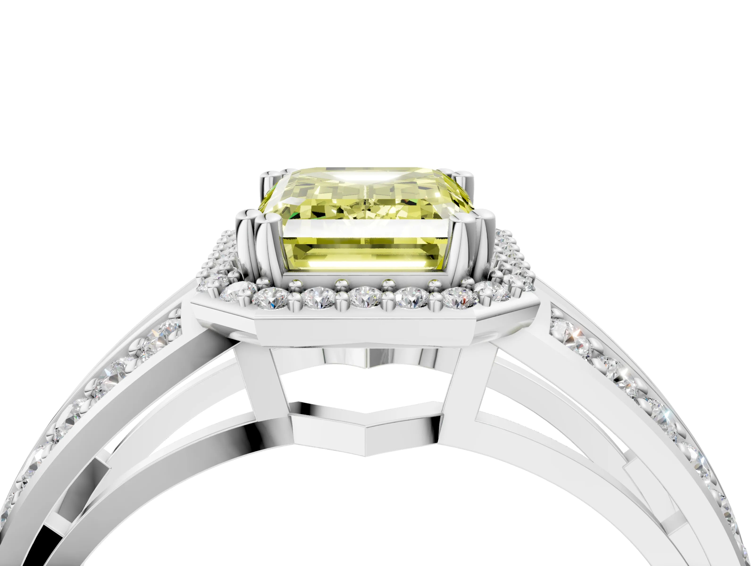 White gold Fancy Yellow Emerald Cut Diamond Halo Ring with Split Shank Pavé Band and Four-Prong Setting_16