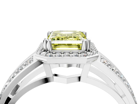 White gold Fancy Yellow Emerald Cut Diamond Halo Ring with Split Shank Pavé Band and Four-Prong Setting_16