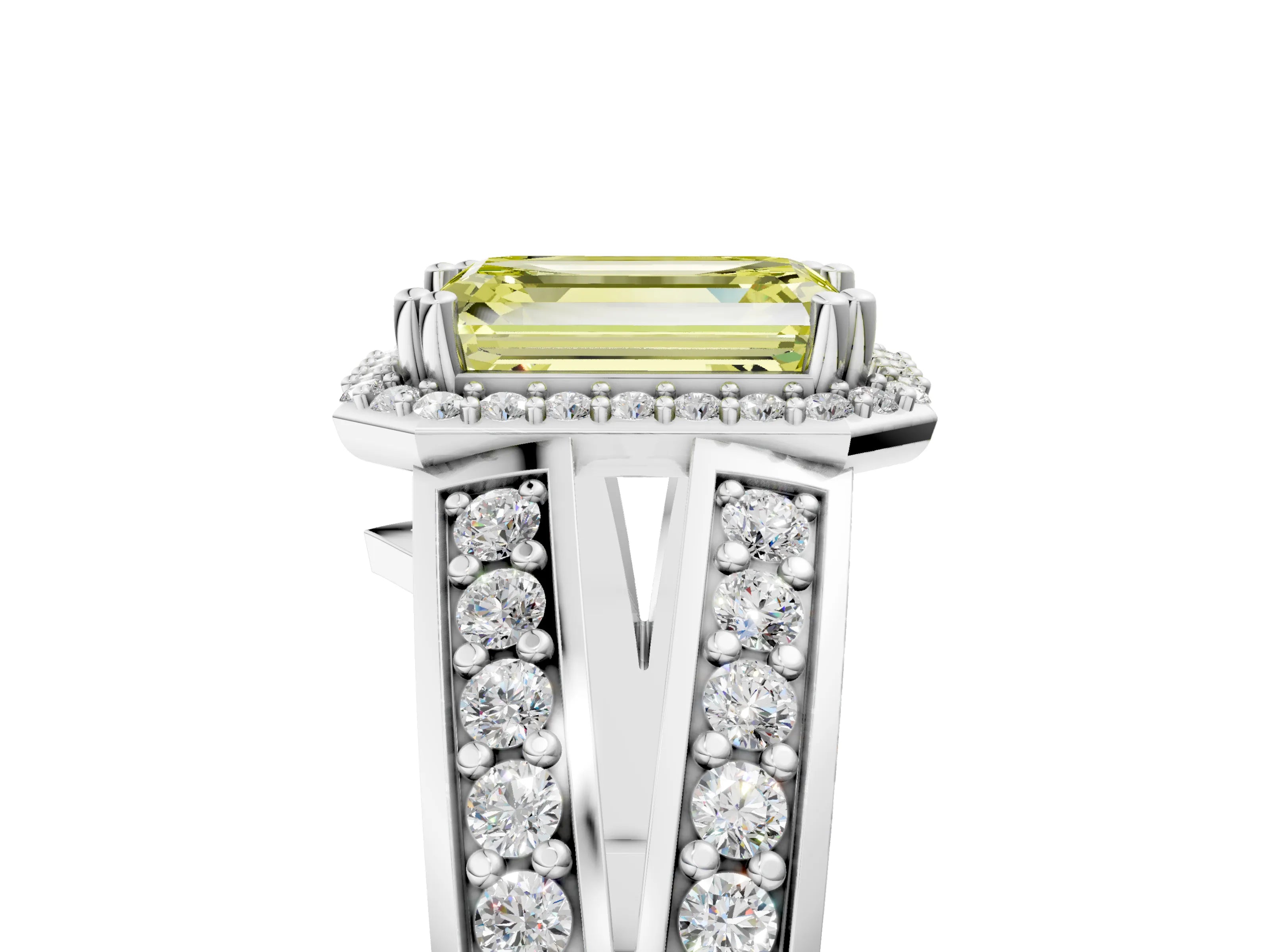 White gold Fancy Yellow Emerald Cut Diamond Halo Ring with Split Shank Pavé Band and Four-Prong Setting_17