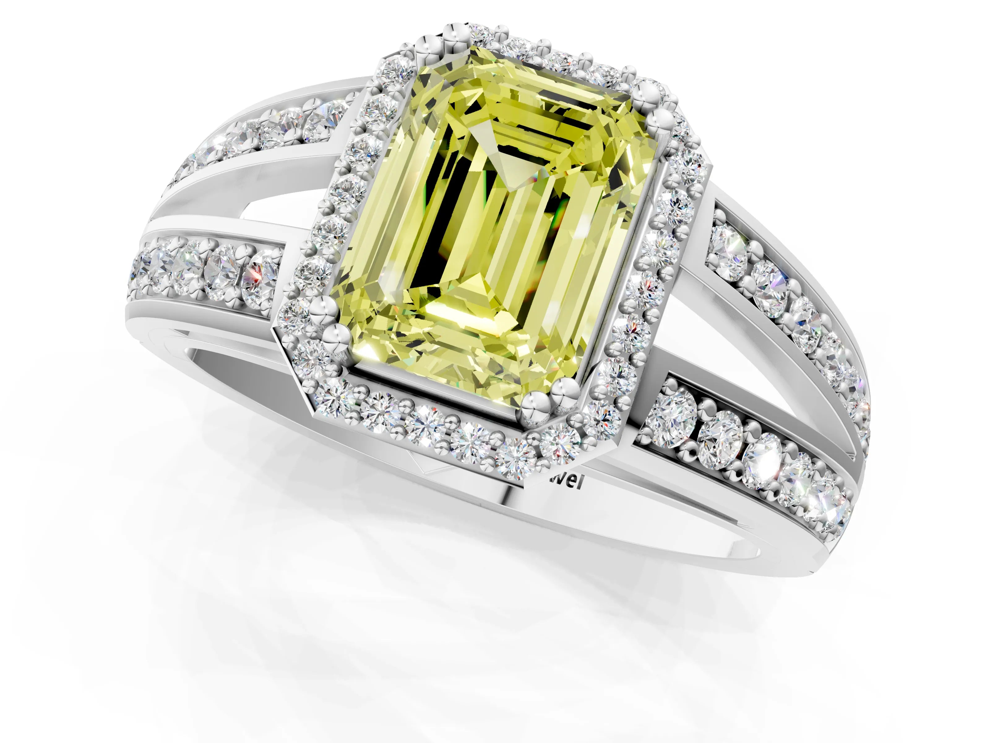 White gold Fancy Yellow Emerald Cut Diamond Halo Ring with Split Shank Pavé Band and Four-Prong Setting_1
