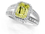 White gold Fancy Yellow Emerald Cut Diamond Halo Ring with Split Shank Pavé Band and Four-Prong Setting_1