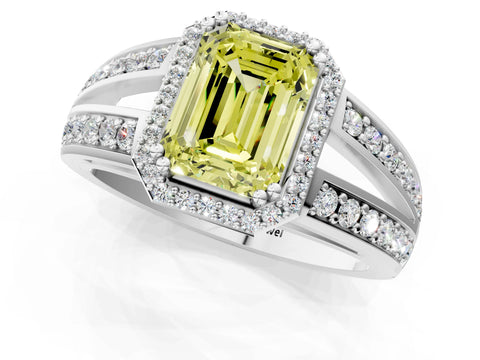 White gold Fancy Yellow Emerald Cut Diamond Halo Ring with Split Shank Pavé Band and Four-Prong Setting_1