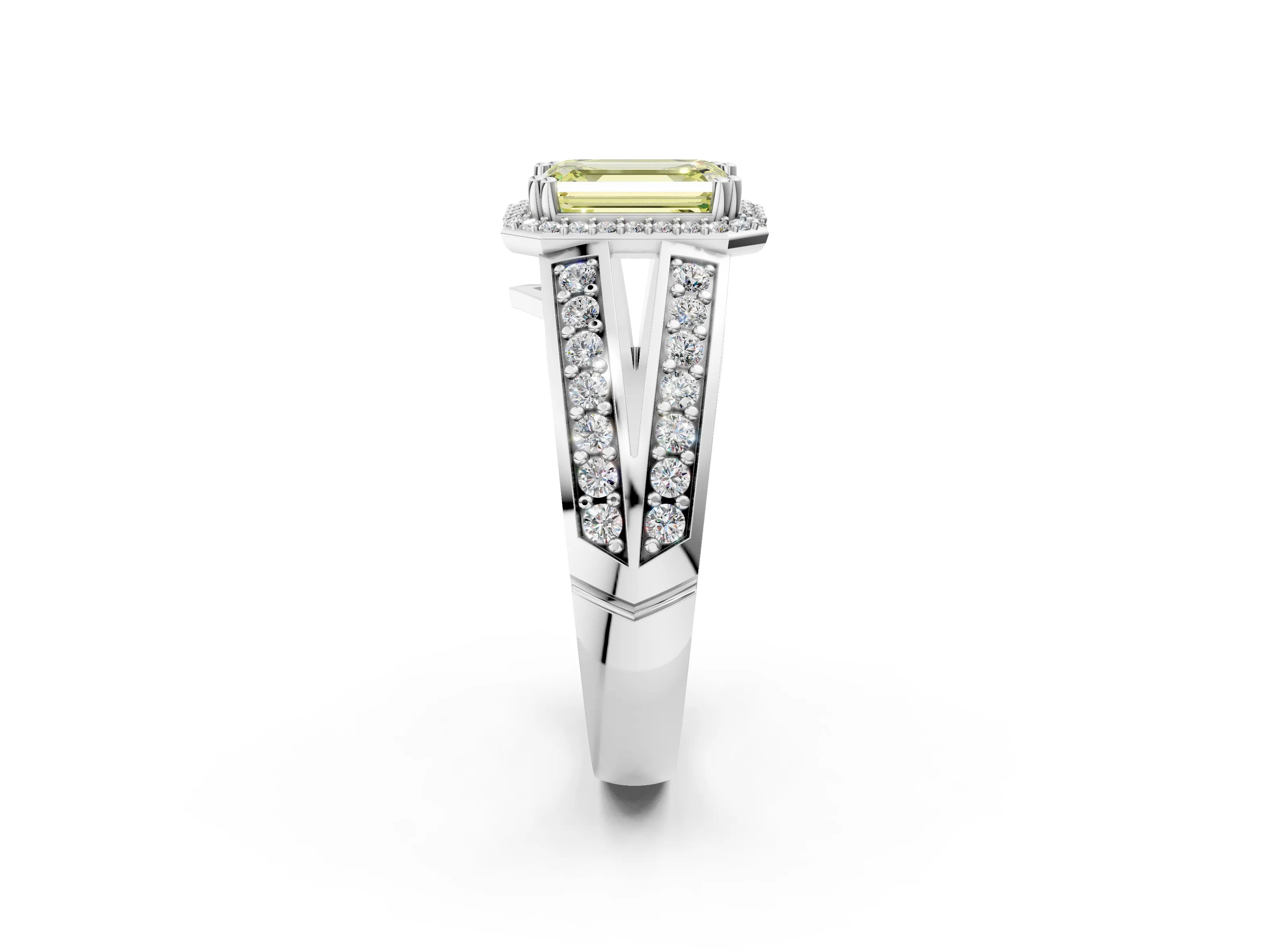 White gold Fancy Yellow Emerald Cut Diamond Halo Ring with Split Shank Pavé Band and Four-Prong Setting_2