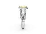 White gold Fancy Yellow Emerald Cut Diamond Halo Ring with Split Shank Pavé Band and Four-Prong Setting_2