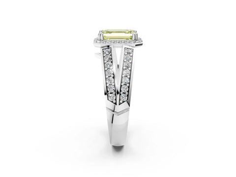 White gold Fancy Yellow Emerald Cut Diamond Halo Ring with Split Shank Pavé Band and Four-Prong Setting_2