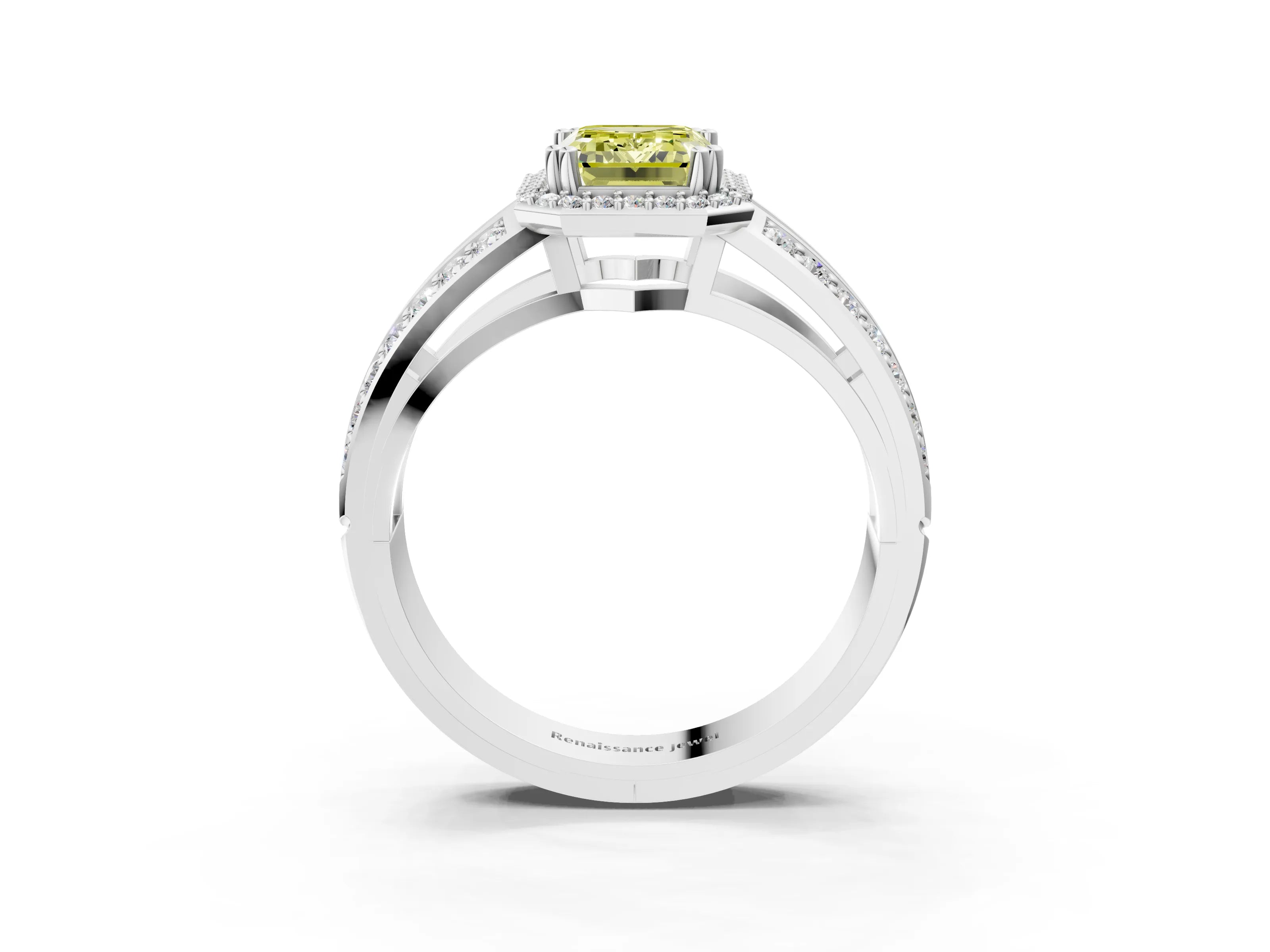 White gold Fancy Yellow Emerald Cut Diamond Halo Ring with Split Shank Pavé Band and Four-Prong Setting_3