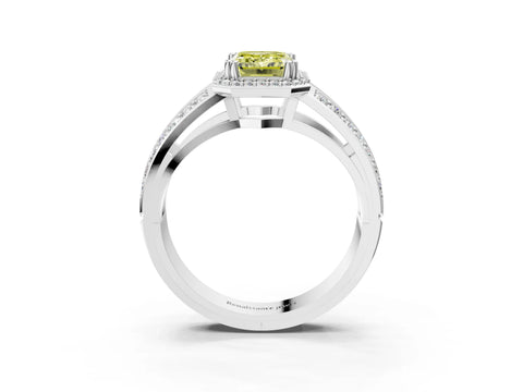 White gold Fancy Yellow Emerald Cut Diamond Halo Ring with Split Shank Pavé Band and Four-Prong Setting_3