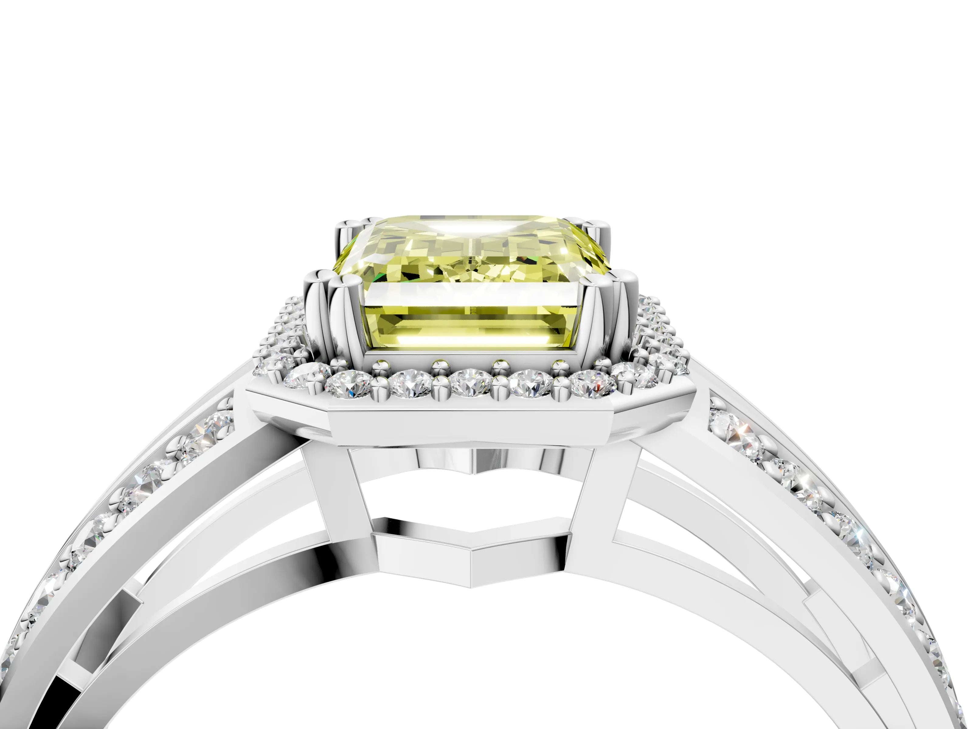 White gold Fancy Yellow Emerald Cut Diamond Halo Ring with Split Shank Pavé Band and Four-Prong Setting_4