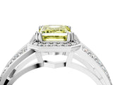 White gold Fancy Yellow Emerald Cut Diamond Halo Ring with Split Shank Pavé Band and Four-Prong Setting_4