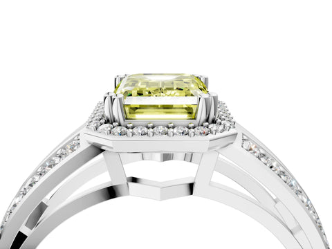 White gold Fancy Yellow Emerald Cut Diamond Halo Ring with Split Shank Pavé Band and Four-Prong Setting_4