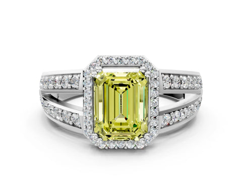 White gold Fancy Yellow Emerald Cut Diamond Halo Ring with Split Shank Pavé Band and Four-Prong Setting