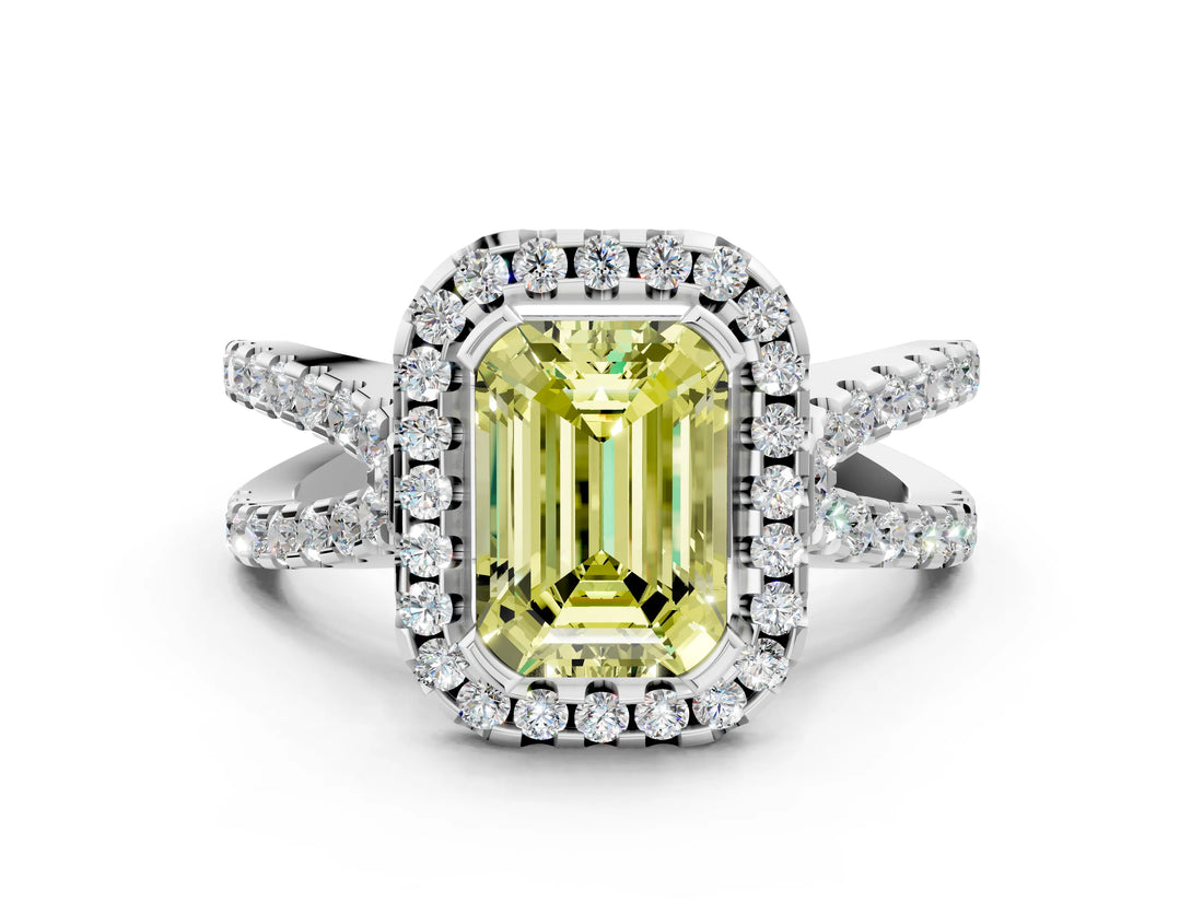 White gold Fancy Yellow Emerald Cut Diamond Halo Ring with Split Shank Pavé Band and Prong Setting_77
